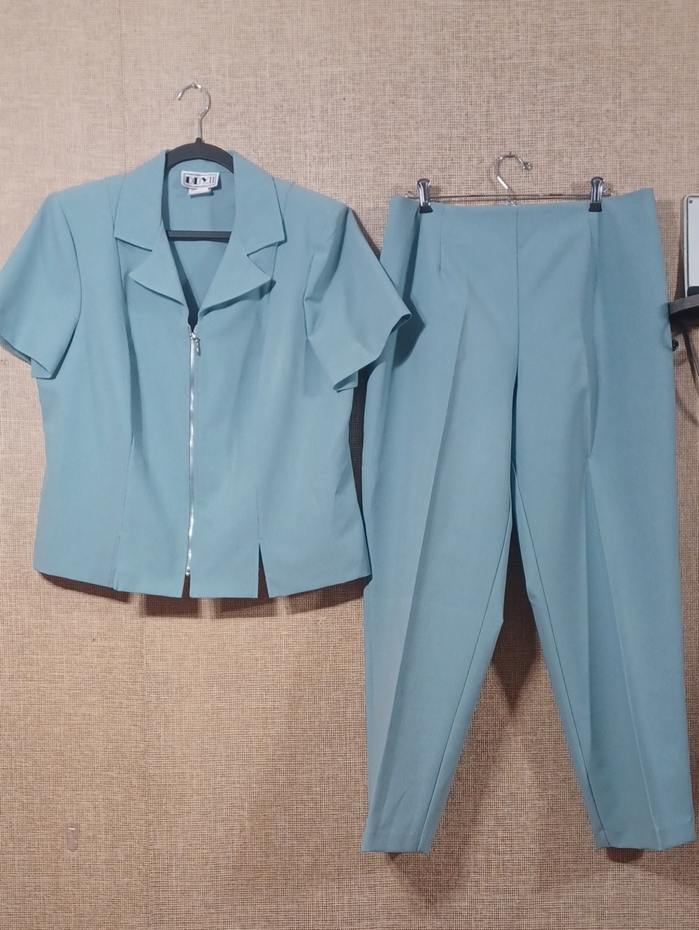 Women's Two-Piece Short Sleeve Jacket & Straight Leg Pants in Light Teal